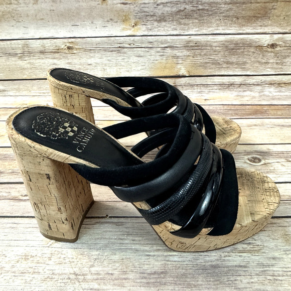 Vince Camuto Womens Black Strappy Patrest Cork Platform and Heel Slip On Sandals - Picture 2 of 8